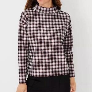 ANN TAYLOR Plaid Mock Neck Top Long Sleeves